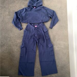 Edikted Navy Blue Knit Hoodie and Pant Set